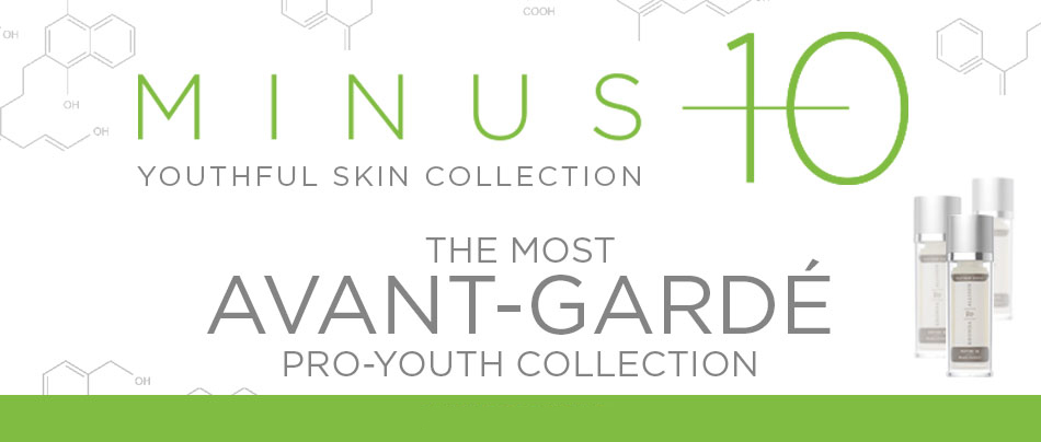Bottles of minus 10 youthful skin collection the most avant garde pro youth collection.