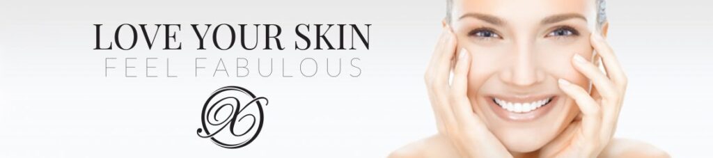 Woman smiling and touching her cheeks with text that says "love your skin feel fabulous".