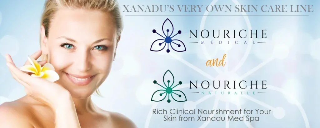 smiling woman holding a yellow flower text says "xanadu's very own skin care line. nouriche medical and mouriche natural."