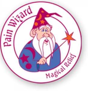 wizard in a circle with the text "pain wizard magical relief".