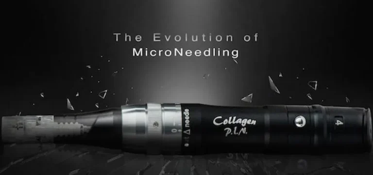 Black and white image of a collagen injection pen. Text reads "the evolution of mirconeedling".