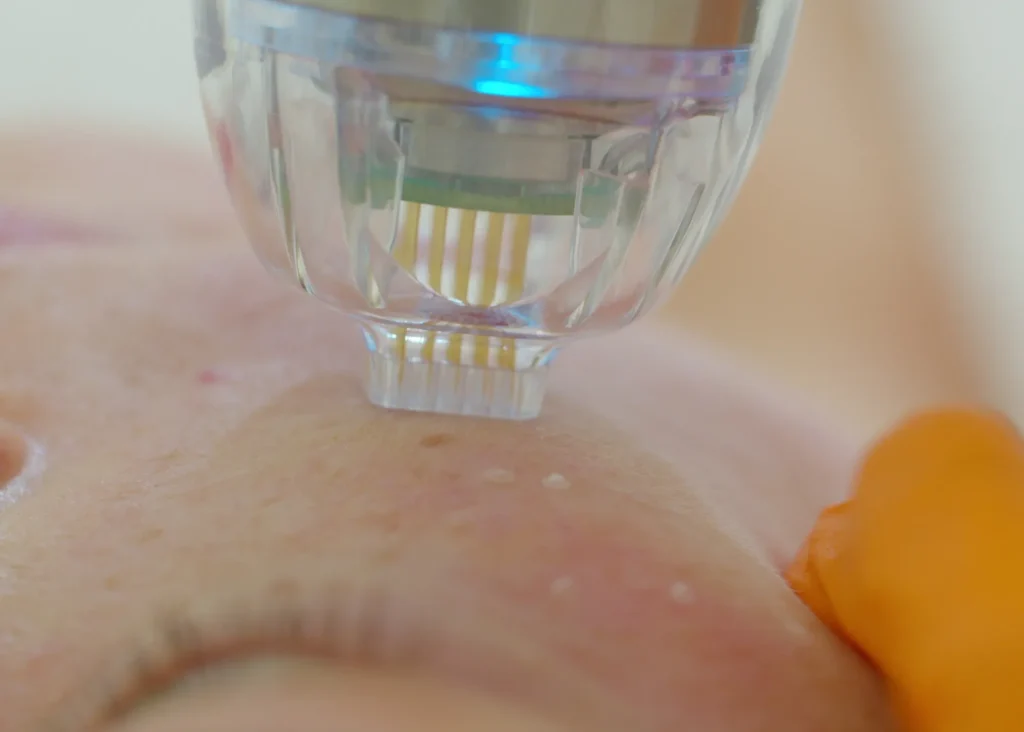 An RF microneedling device is being used on a womans face