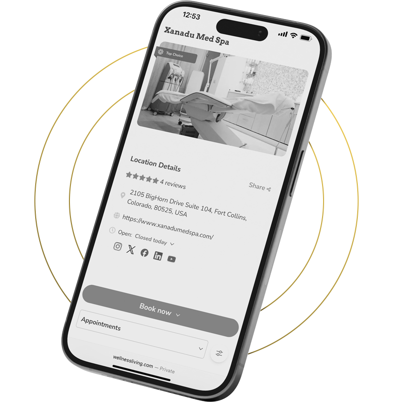 A smartphone displaying "Xanadu Med Spa" information with location details, reviews, and a booking option.