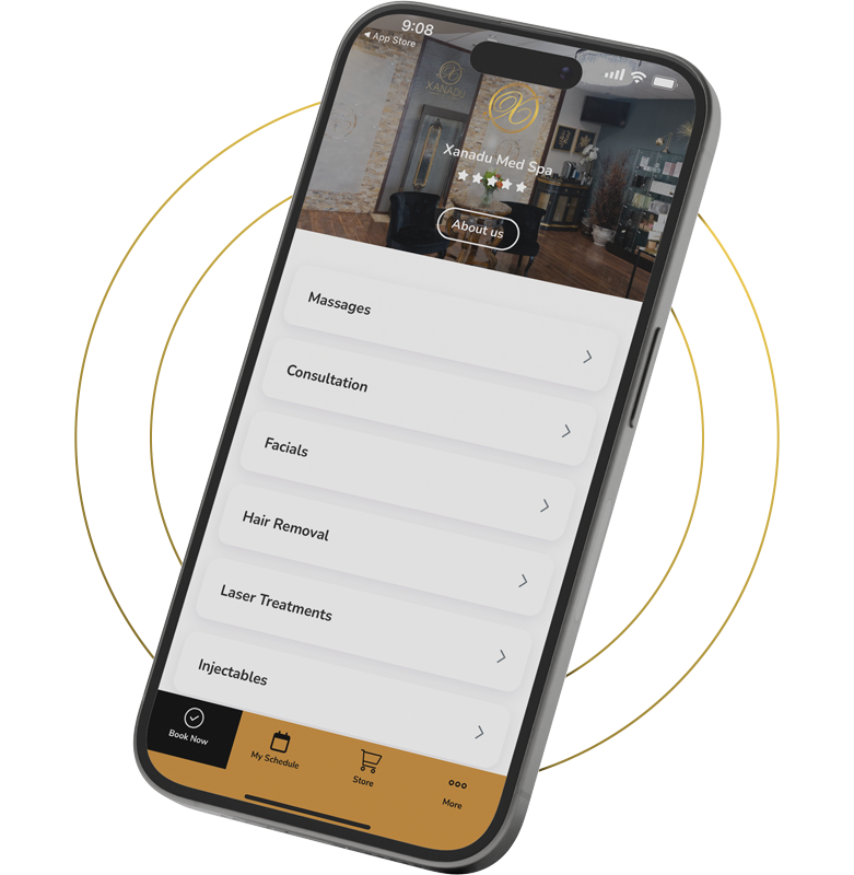 A smartphone displaying "Xanadu Med Spa" information with location details, reviews, and a booking option.