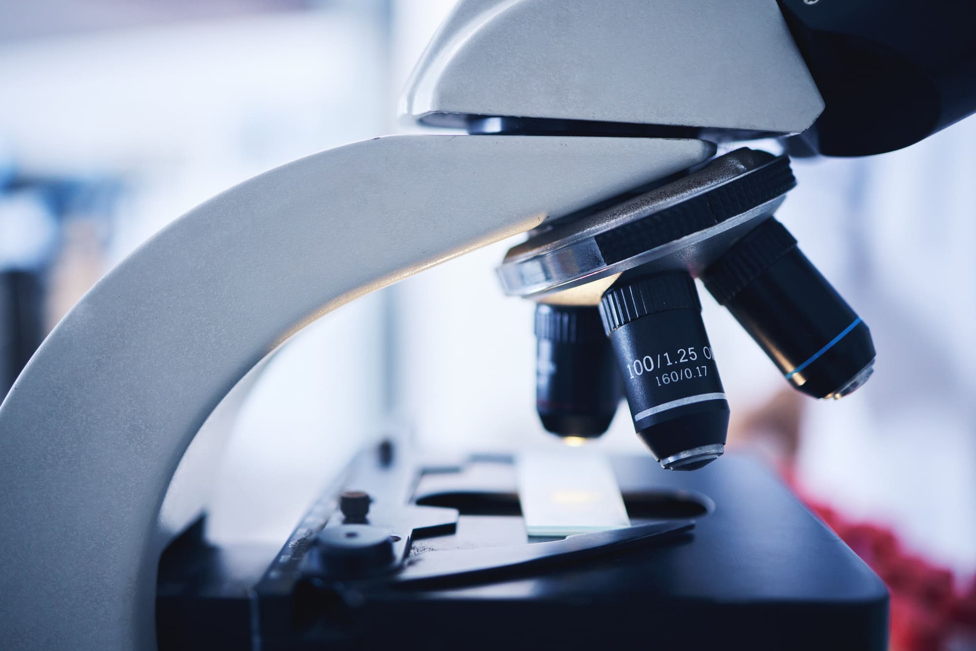 Close-up of a microscope's objective lenses with a glass slide on the stage.