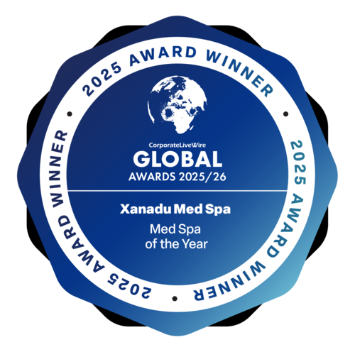 Hexagonal blue award badge for "Xanadu Med Spa, Med Spa of the Year," by Corporate LiveWire Global Awards 2025/26, featuring an Earth graphic.